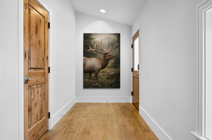 Foyer with wooden doors and a large painting of a deer on the wall.