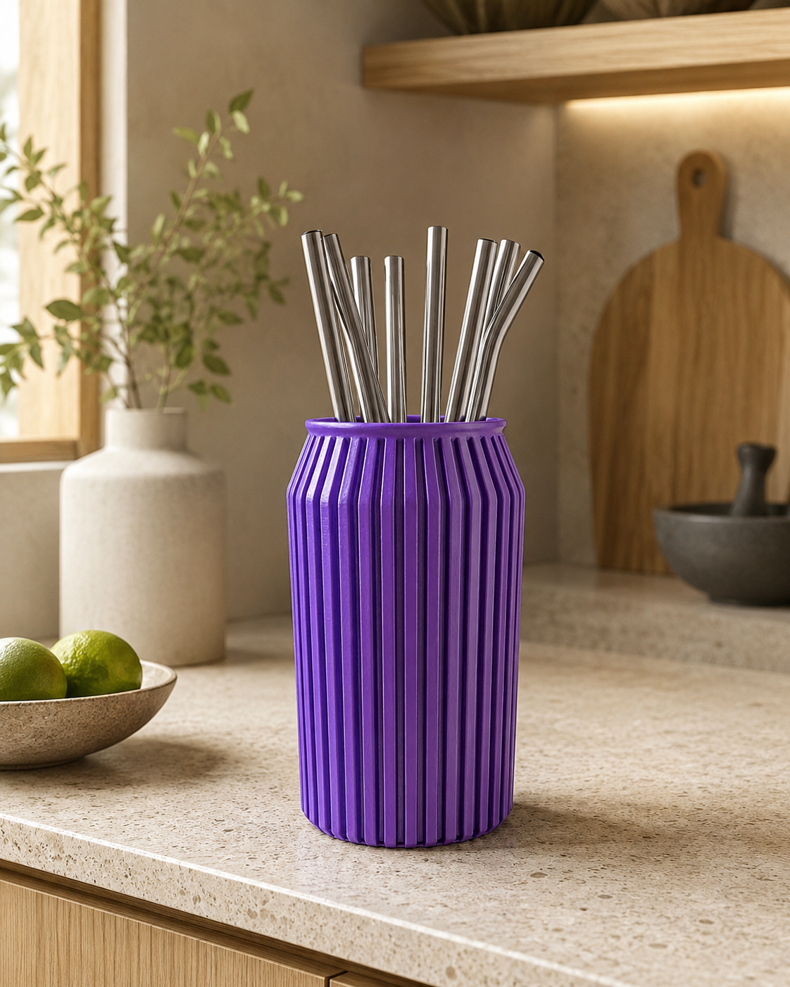 Ribbed Straw Organizer — Japandi-Inspired Soda Can Style Holder