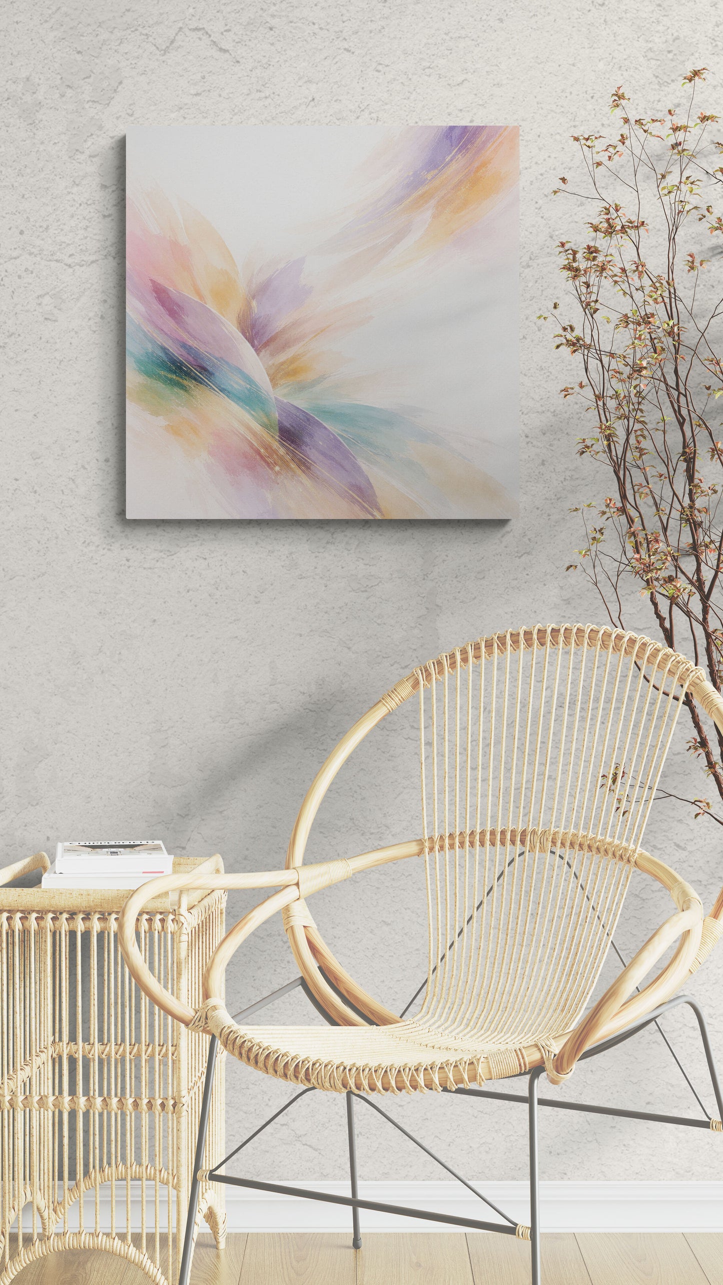 Wicker chair in a room with a colorful abstract painting on the wall.