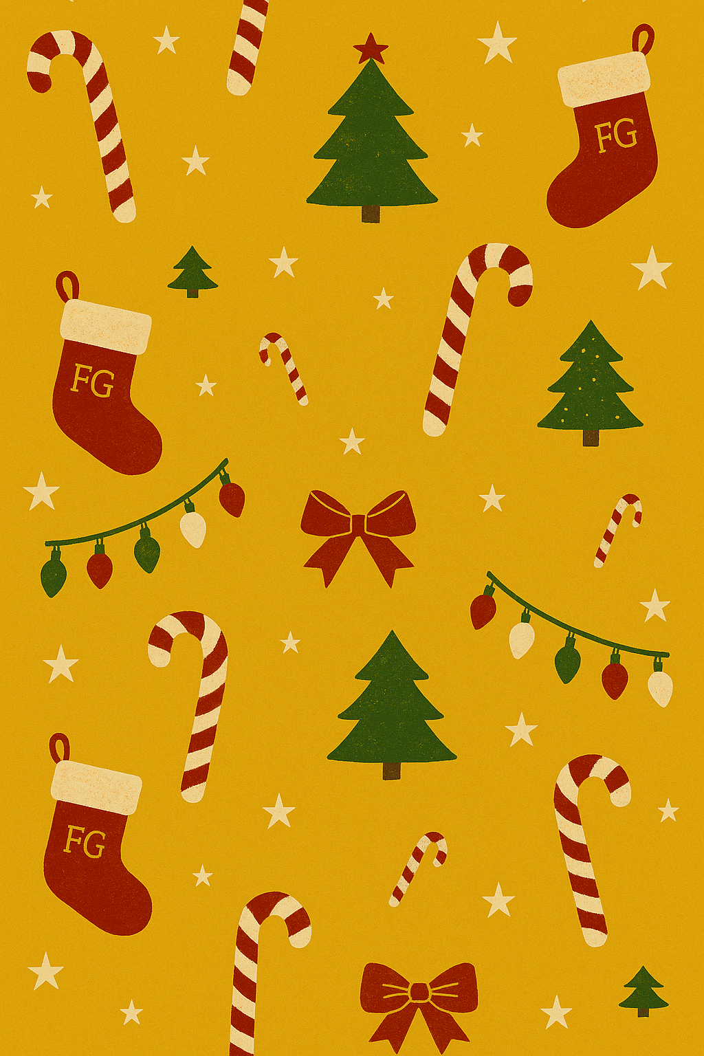 Christmas-themed pattern with stockings, candy canes, trees, and bows on a yellow background.