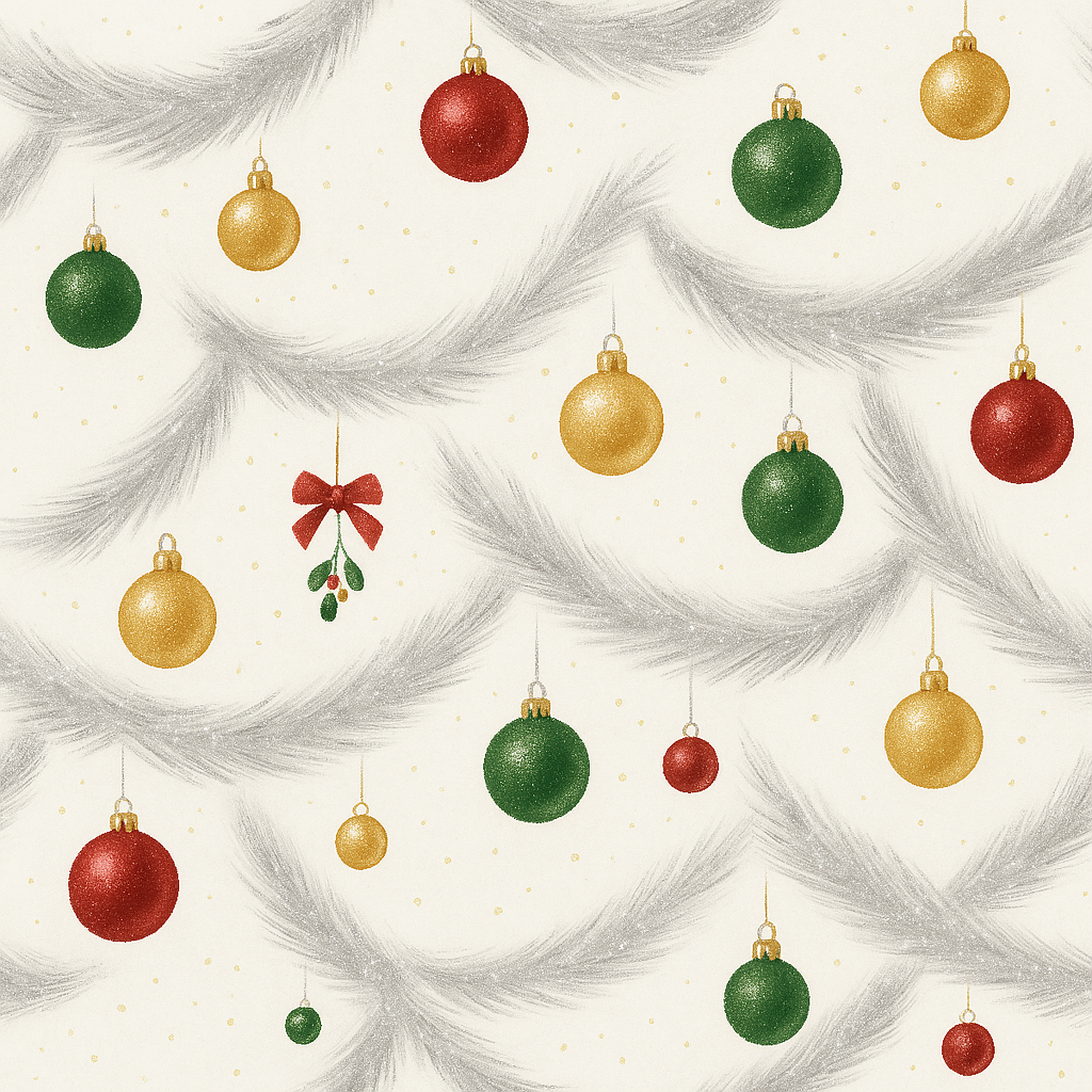 Pattern of Christmas ornaments and mistletoe on a white background