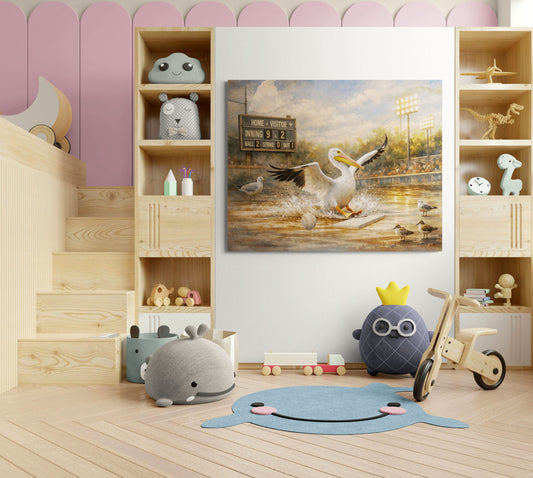 Children's room with wooden shelves, toys, and a decorative pelican painting.