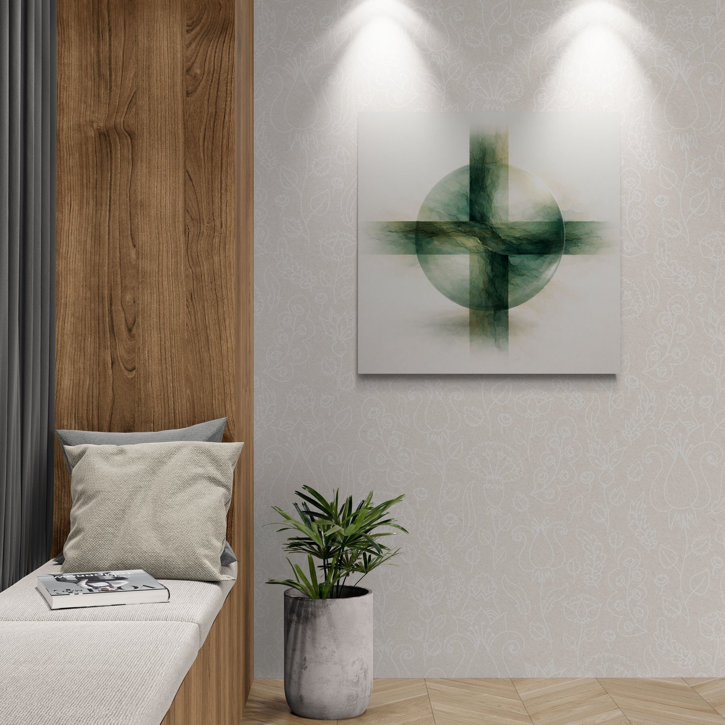 Modern interior with wooden bench, plant, and abstract wall art