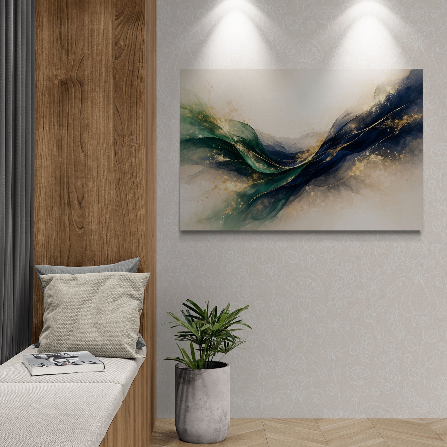 Modern interior with abstract painting, wooden bench, and potted plant.