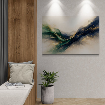 Modern interior with abstract painting, wooden bench, and potted plant.