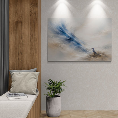 Modern interior with a wooden bench, plant, and abstract painting on the wall.
