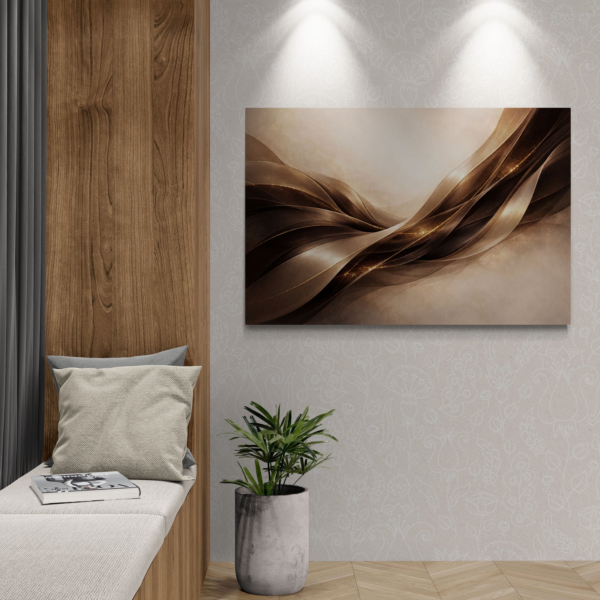 Modern interior with abstract art, wooden bench, and plant on a light gray wall.