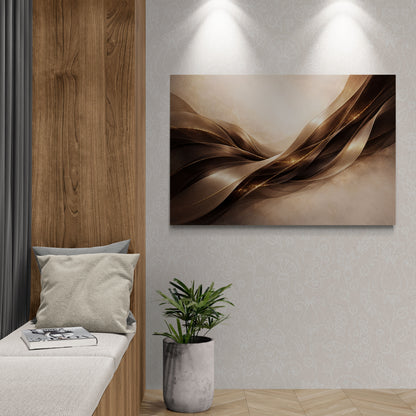 Modern interior with abstract art, wooden bench, and plant on a light gray wall.